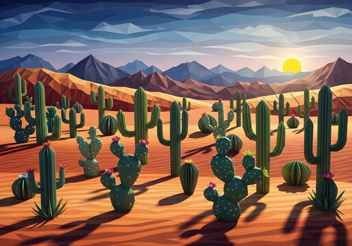 Stylized desert landscape illustration featuring various types of cacti under a vibrant geometric sky and mountain backdrop