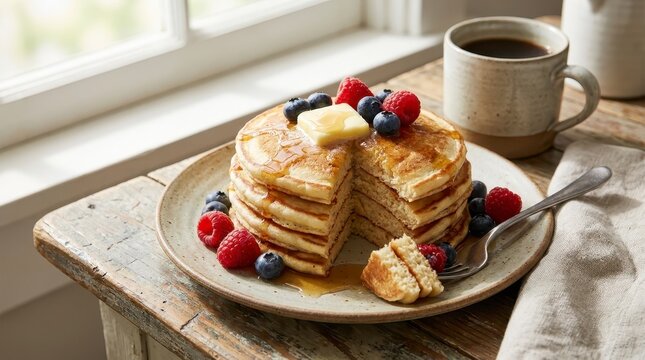 Stack of golden pancakes with berries butter and maple syrup