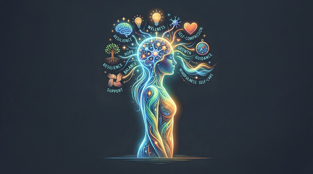 Glowing mental wellness figure with resilience, mindfulness, and emotional healing