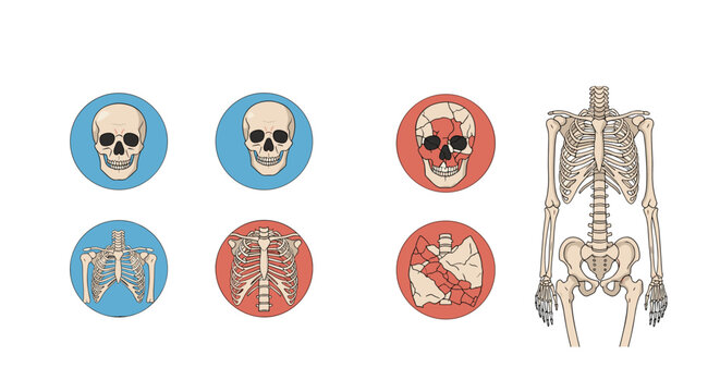 Collection of anatomical illustrations showing human skull and rib cage with specific bones highlighted in red for injury.