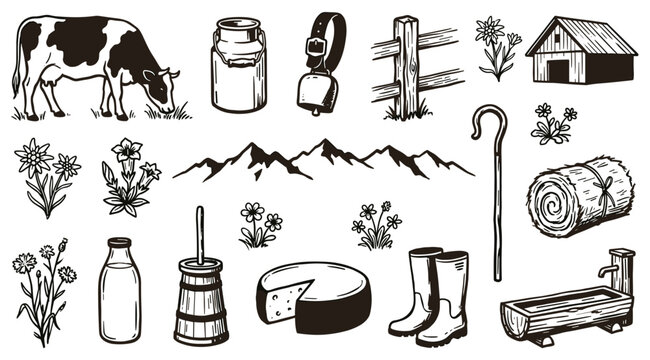 Collection of hand-drawn black and white farm and alpine elements, including a cow, milk, cheese, and mountains, in a rustic style