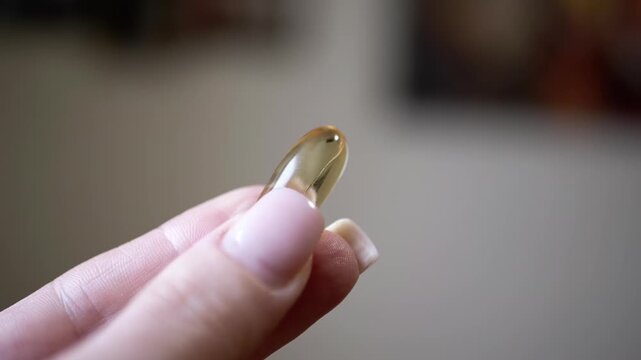 A single fish oil capsule is delicately held between two fingers, highlighting its smooth, golden texture. This visual is ideal for health, wellness, and nutrition-focused projects.