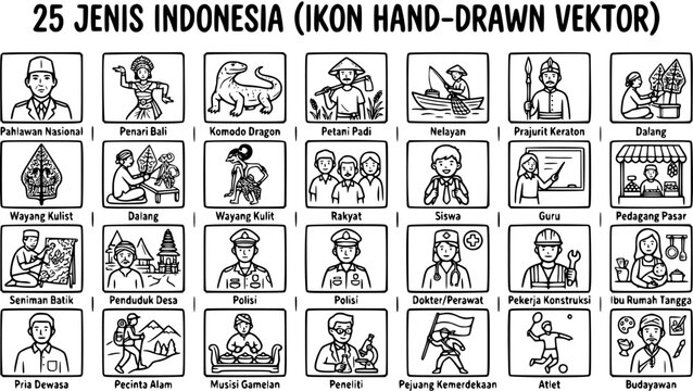 Indonesian Culture Icons: Hand-drawn Vector Line Art of Professions and Symbols