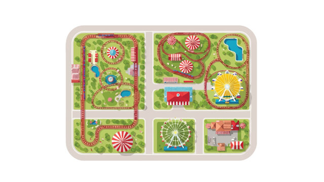 Top Down View of Amusement Park Map Layout with Roller Coasters Ferris Wheel and Carnival Tents Vector Illustration