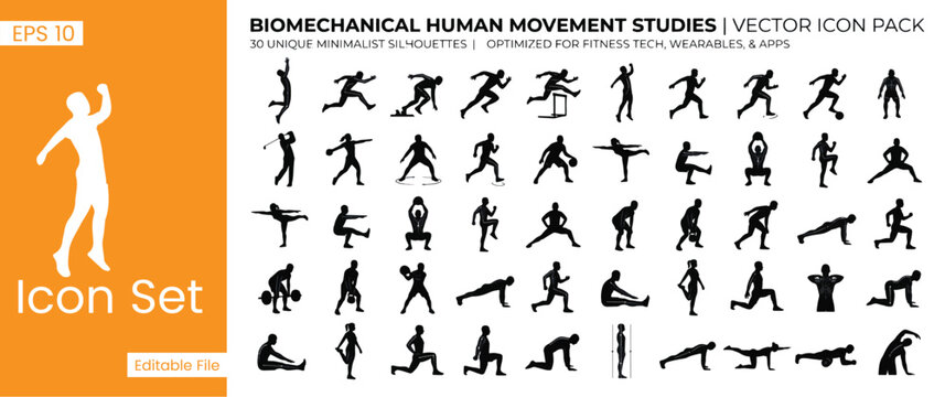 Biomechanical Human Movement Studies Vector Silhouette Icons Pack for Fitness Tech, Wearables, and Athletic Motion Analysis