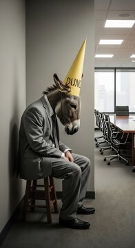 Dejected Businessman with Donkey Head Wearing Dunce Cap Sitting in Office Hallway
