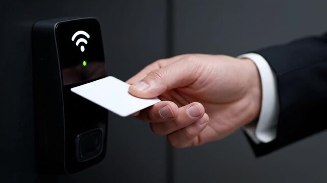 Businessman Using Electronic Key Card to Unlock Secure Office Door with Contactless NFC Reader Technology