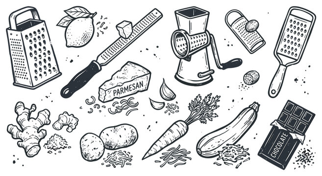 Various kitchen graters and food items, including cheese, vegetables, and spices, are depicted in a detailed hand-drawn style