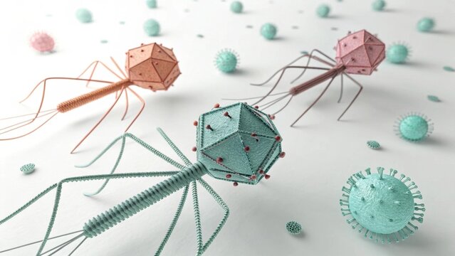 Bacteriophages and viruses 3D illustration