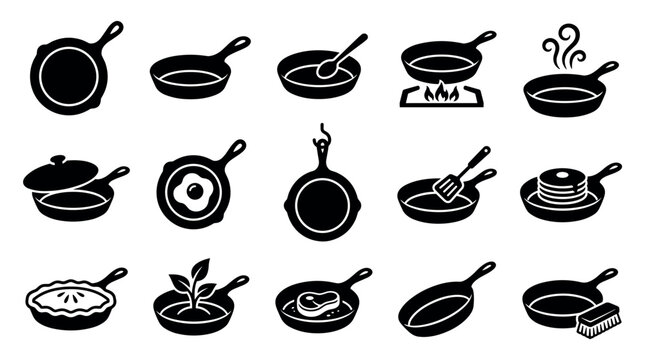 Various black silhouette cast iron skillets and pans with different food items and cooking actions, presented as a collection of kitchen icons
