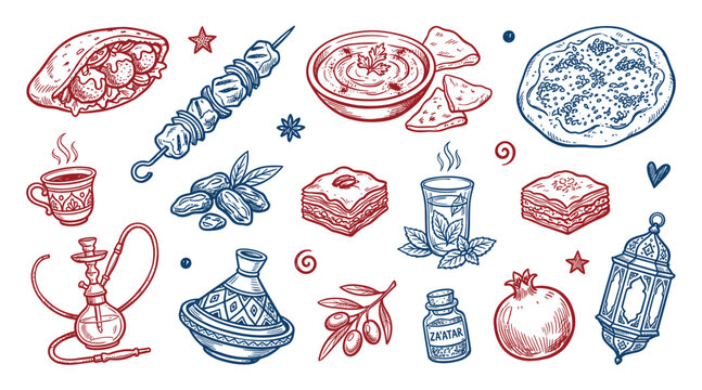 Hand-drawn Middle Eastern food and culture elements, including falafel, kebab, baklava, and hookah, in a vibrant sketch style