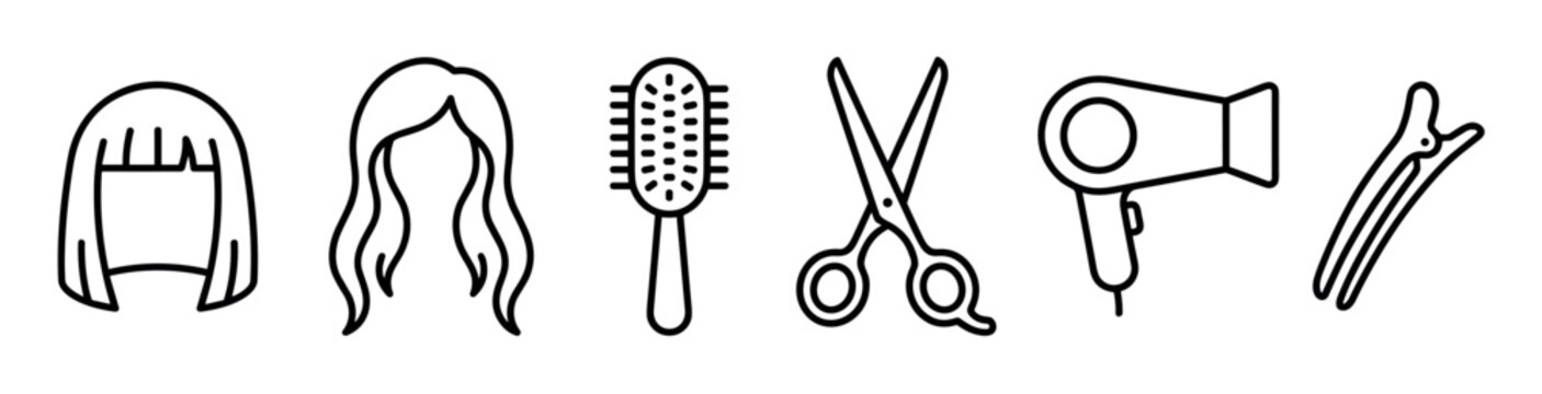 Collection of six black outline hair styling tools and accessories, including wigs, brush, scissors, and dryer