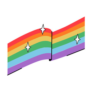 Retro waving rainbow flag with sparkles isolated on white background. 90s aesthetic pride banner illustration with stripes for LGBTQ pride month celebration, digital marketing, social media stickers.