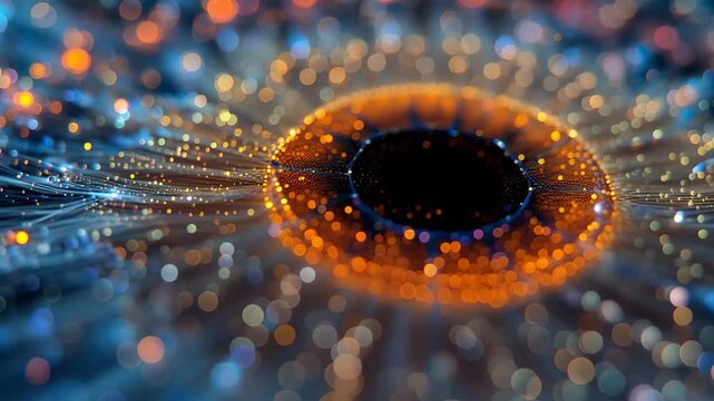 Abstract geometric fractal eye expanding with glowing particles in dark blue and orange light