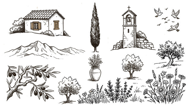 Hand-drawn Mediterranean landscape elements, including a small house, cypress tree, church bell tower, olive trees, mountains, and flying birds, rendered in a detailed sketch style