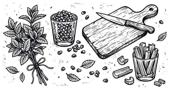 Various fresh kitchen ingredients, including a tied herb bunch, lentils, and chopped celery, are arranged with a knife and cutting board in a detailed line art style
