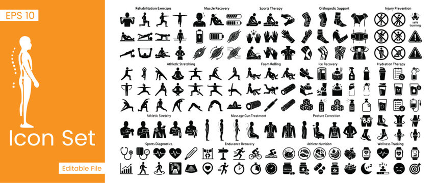 Physical Therapy and Rehabilitation Icon Set Chiropractic Care Injury Recovery and Orthopedic Sports Medicine Glyph Symbols
