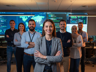 Obraz premium Diverse cybersecurity team standing in futuristic security operations center with confident female analyst in foreground, IT security engineers and network analysts, enterprise cybersecurity workplace