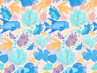 Seamless vector pattern featuring cute tropical fish, corals, seashells, and seaweeds in an underwater ecosystem. Vibrant hand drawn marine life backdrop with detailed line art on a light background © argunika