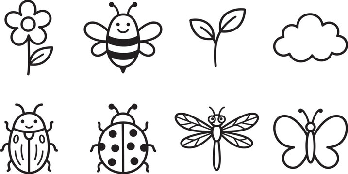 Cute cartoon insects and garden elements