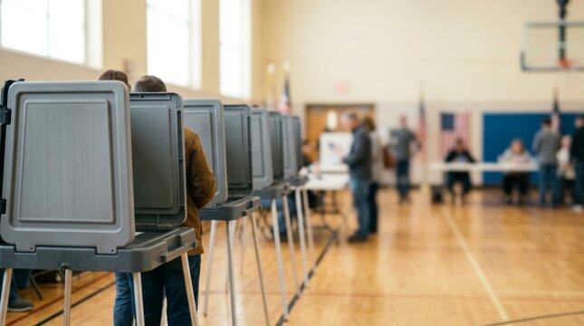 Citizens casting votes in privacy at polling place booths in a gymnasium on election day to decide on political representatives
