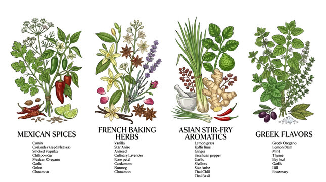 Assortment of culinary herbs and spices from various international cuisines