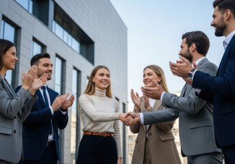 Obraz premium Group of business people clapping and smiling together in front of a modern building