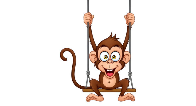 Cartoon monkey hanging on swing making funny face isolated on transparent background