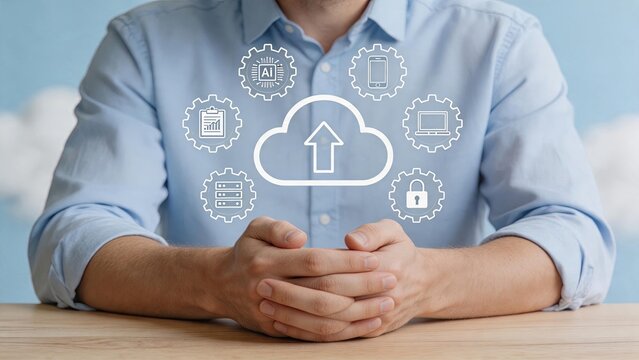 Cloud computing technology icons concept, digital data upload and artificial intelligence security
