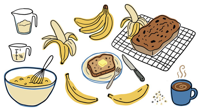 Delicious banana bread baking ingredients and finished loaf with coffee, presented in a charming hand-drawn cartoon style