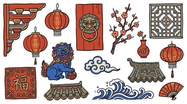 Vibrant collection of traditional Chinese cultural elements, including lanterns, a foo dog, and architectural details, in a cheerful cartoon style