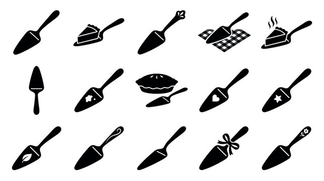 Collection of black silhouette pie servers and cake slices with various decorative elements, presented as a graphic design