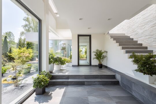 Sunlit modern entryway with stone stairs, large windows, and lush greenery