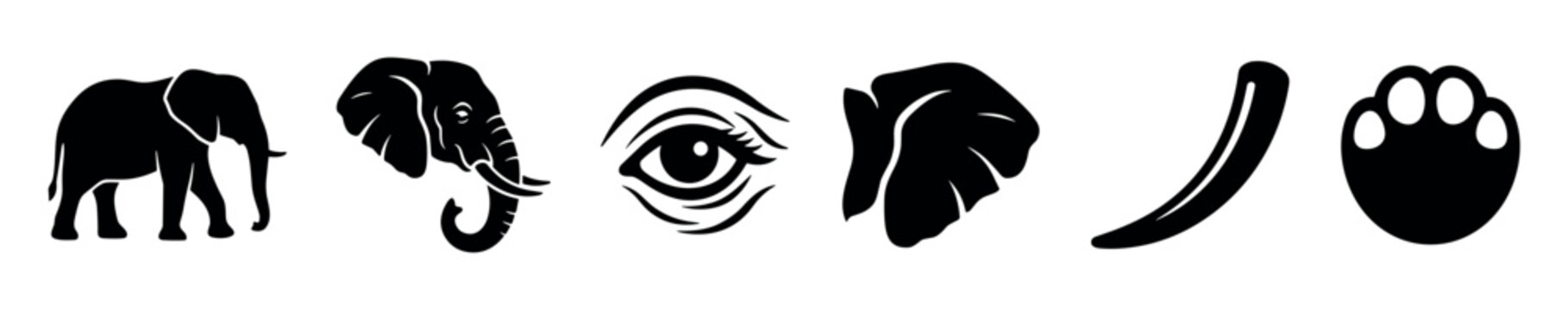 Collection of black elephant silhouette icons including full body, head, eye, ear, tusk, and footprint, presented in a clean graphic style
