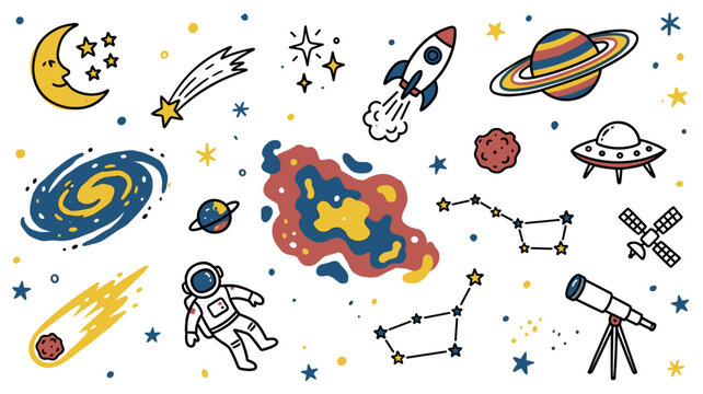 Colorful hand-drawn space elements including planets, rockets, astronauts, and stars create a playful cosmic illustration