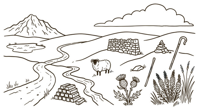 Hand-drawn black and white illustration depicting a serene Scottish landscape with a sheep, mountains, a winding river, and traditional elements