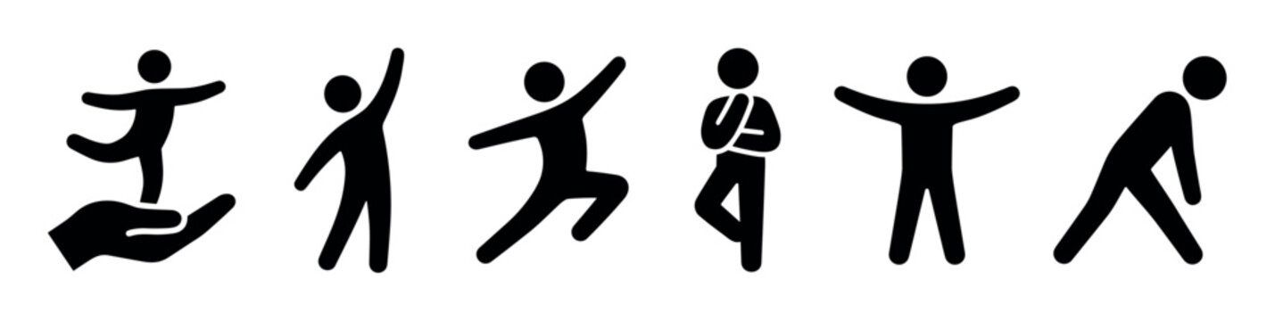 Collection of six black human stick figures in various poses, including dancing, reaching, running, thinking, stretching, and bending