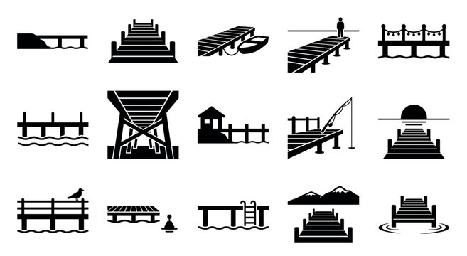 Collection of various black silhouette pier and dock icons, depicting different structures and activities in a clean, graphic style