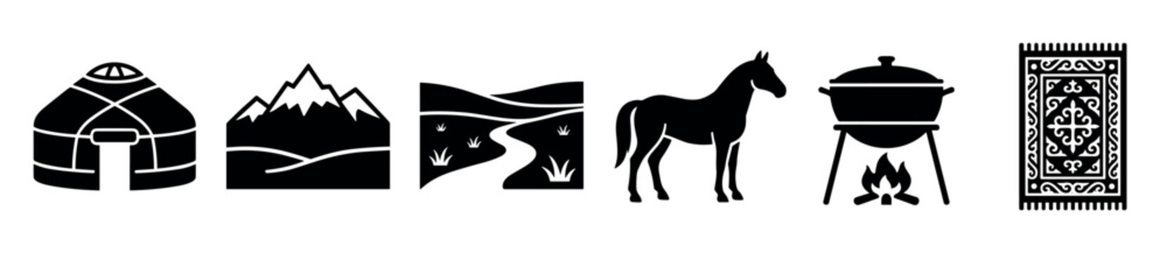 Various black silhouette icons depicting nomadic culture elements including a yurt, mountains, a path, a horse, a cooking pot over fire, and a traditional rug