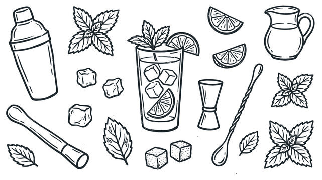 Hand-drawn cocktail ingredients and bar tools illustration in a playful doodle style, perfect for beverage concepts