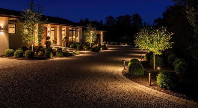Modern house exterior and landscaped driveway with evening lighting