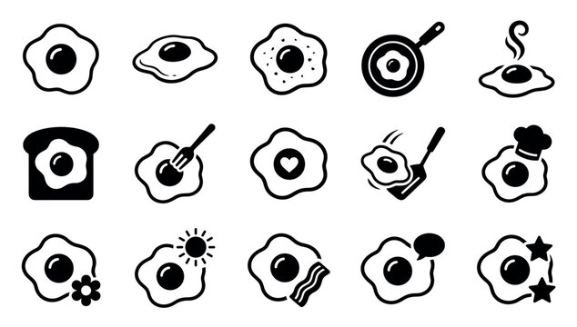 Various black and white fried egg icons illustrate different cooking methods, serving styles, and breakfast concepts in a clean, graphic design