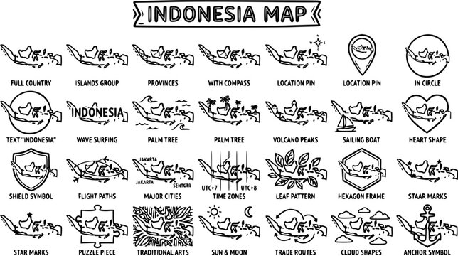 Indonesia Map Icons and Symbols: Black  White Line Art for Travel and Geography