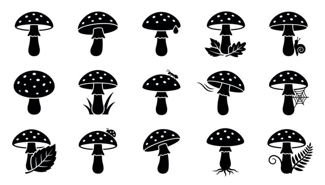 Various black silhouette mushroom icons with white dots, some featuring leaves, insects, or roots, presented in a clean, graphic style