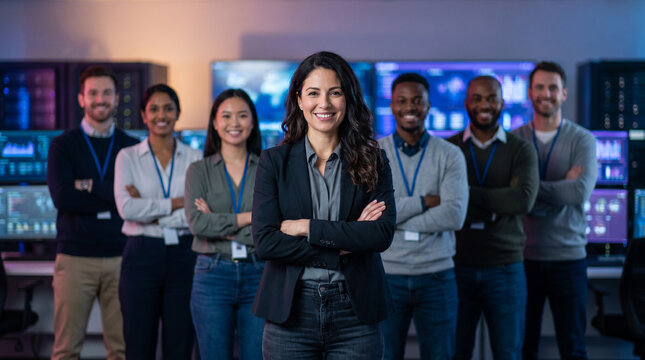 Diverse cybersecurity team standing in futuristic security operations center with confident female analyst in foreground, IT security engineers and network analysts, enterprise cybersecurity workplace