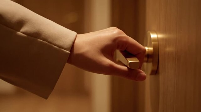 Close Up Shot of a Professional Hand Reaching and Opening a Luxury Modern Golden Door Handle in a Stylish Interior