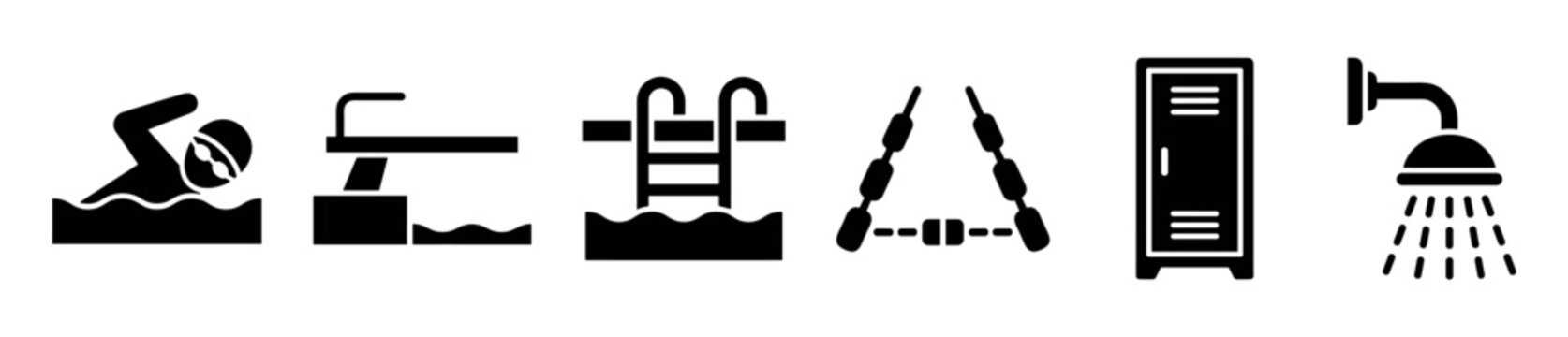 Six distinct black glyph icons represent various swimming pool and changing room elements in a clean, modern style