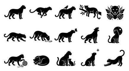 Obraz premium Collection of black panther silhouettes in various poses and activities, including resting, running, and interacting with nature, presented in a clean graphic style