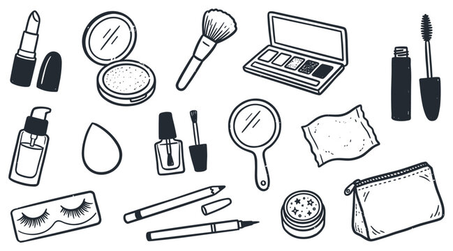 Various hand-drawn beauty and makeup products are arranged in a playful, scattered pattern with a charming doodle style