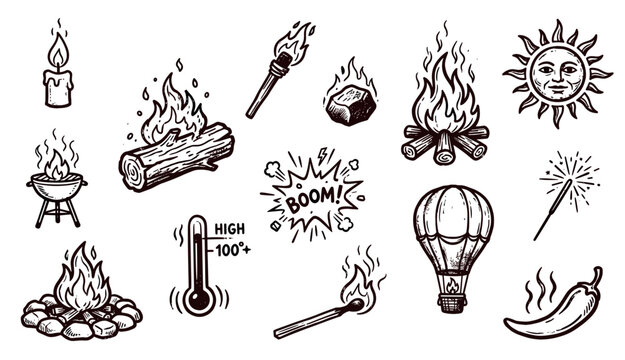 Various hand-drawn illustrations depict different sources of heat and light, including fire, sun, and a hot air balloon, in a graphic style